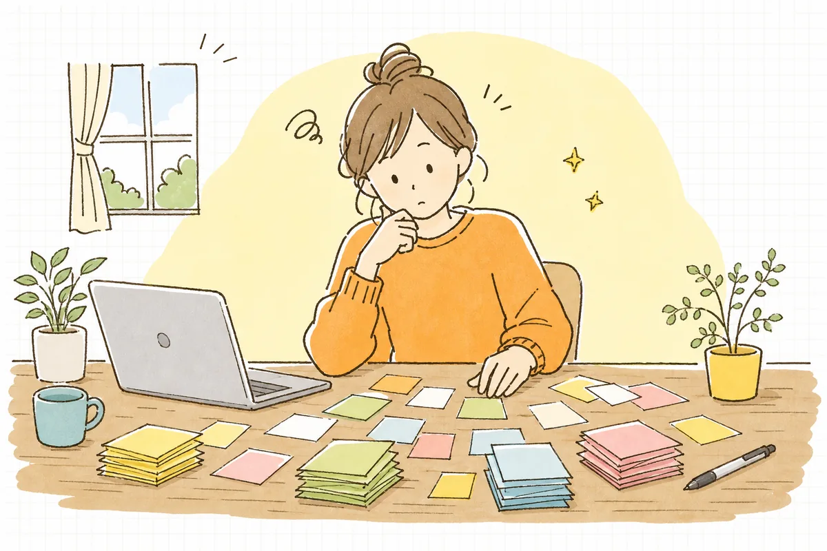 たくさんのキーワードを書いた付箋を机に広げ、どうグループ分けすればいいか手が止まっているEC担当者