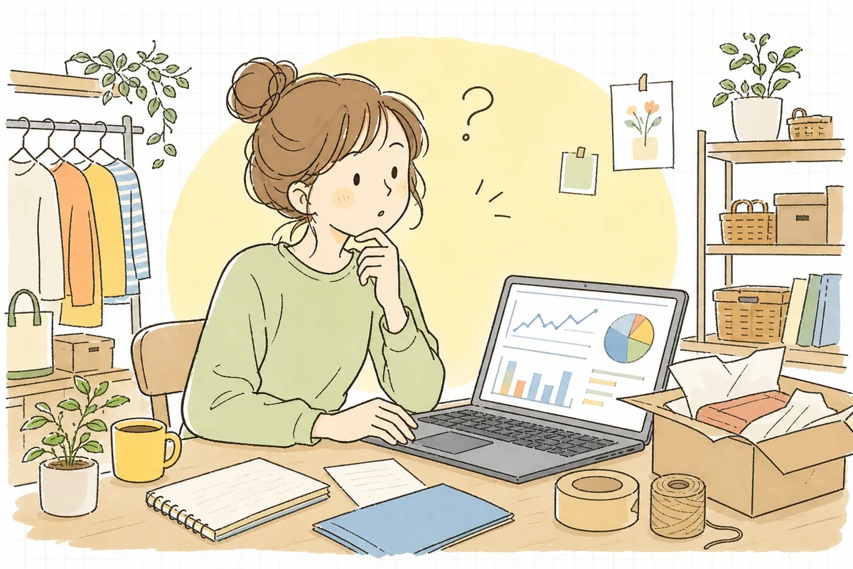 検索広告のレポートを見ながら、クリックは多いのに注文につながらない原因を探そうと考え込むEC担当者