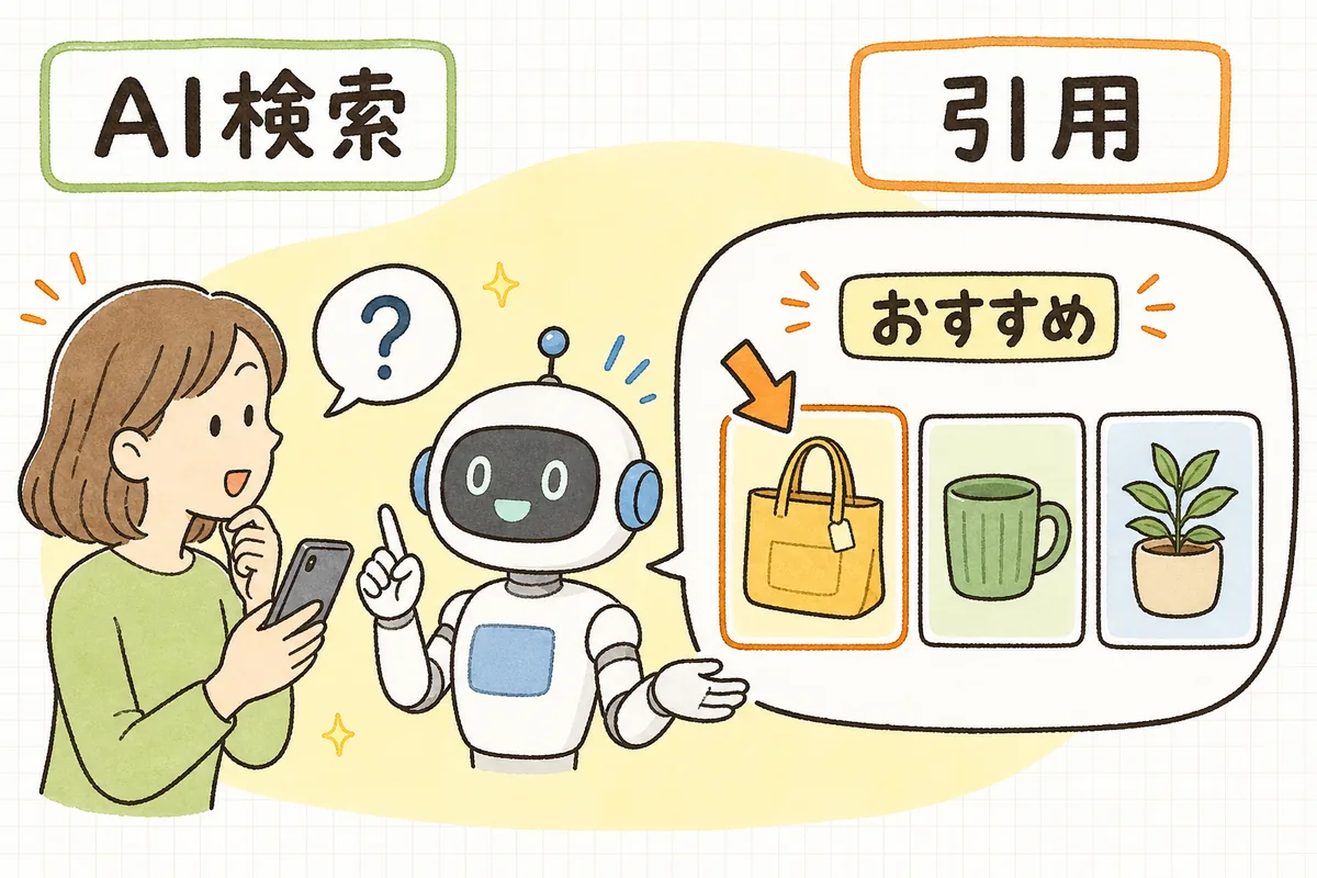 AIが利用者の質問に答える吹き出しの中で、自分のお店の情報をおすすめとして引用・紹介している様子を表したイラスト