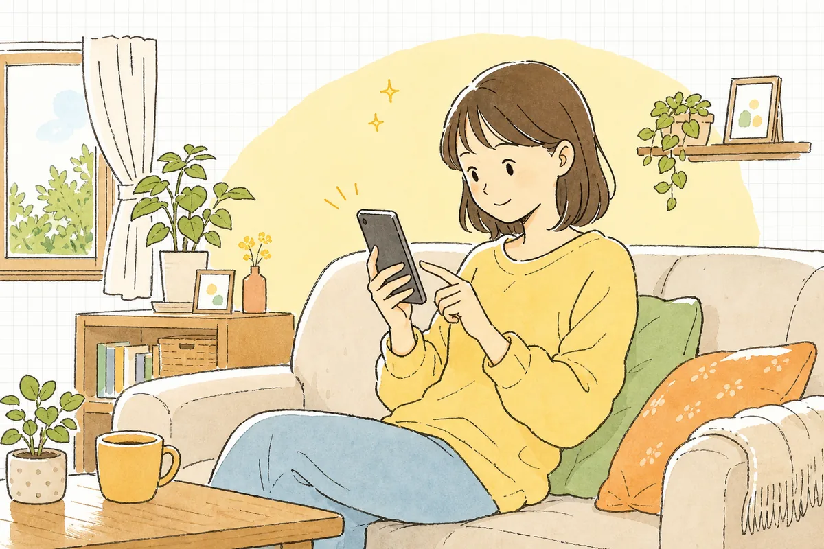 スマホで縦長のランディングページを上から下へスクロールしながら読み進めている買い物中の人