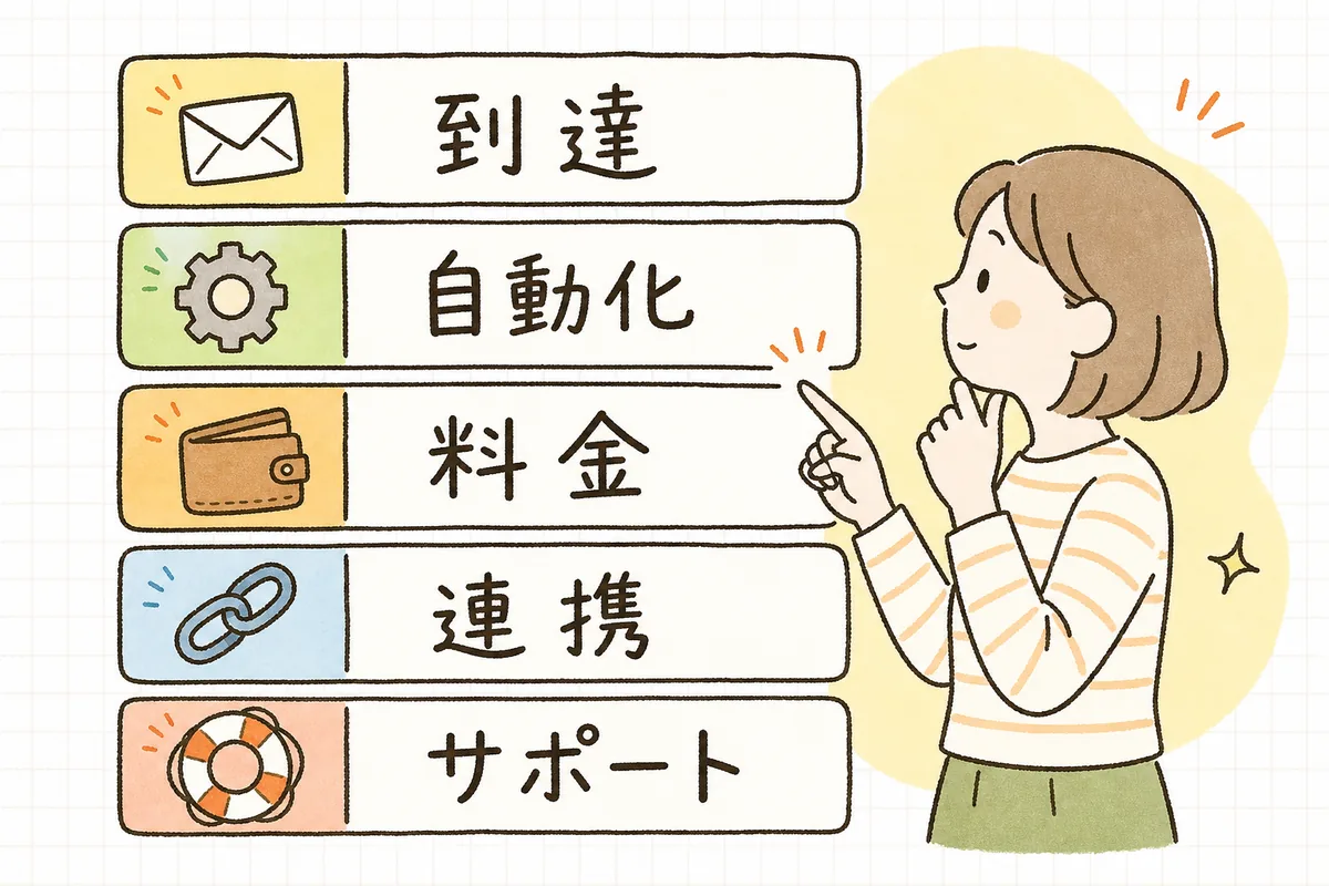 メール配信システム・MAツールを選ぶ5つの軸（到達・自動化・料金・連携・サポート）を並べた図