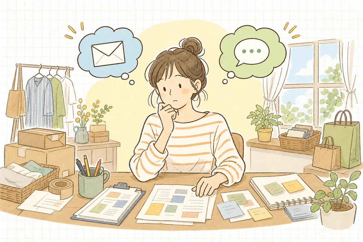 メルマガとLINEのどちらに何を送ればいいか迷い、2つの連絡手段を前に配信の役割分担を考え始めるEC担当者の情景