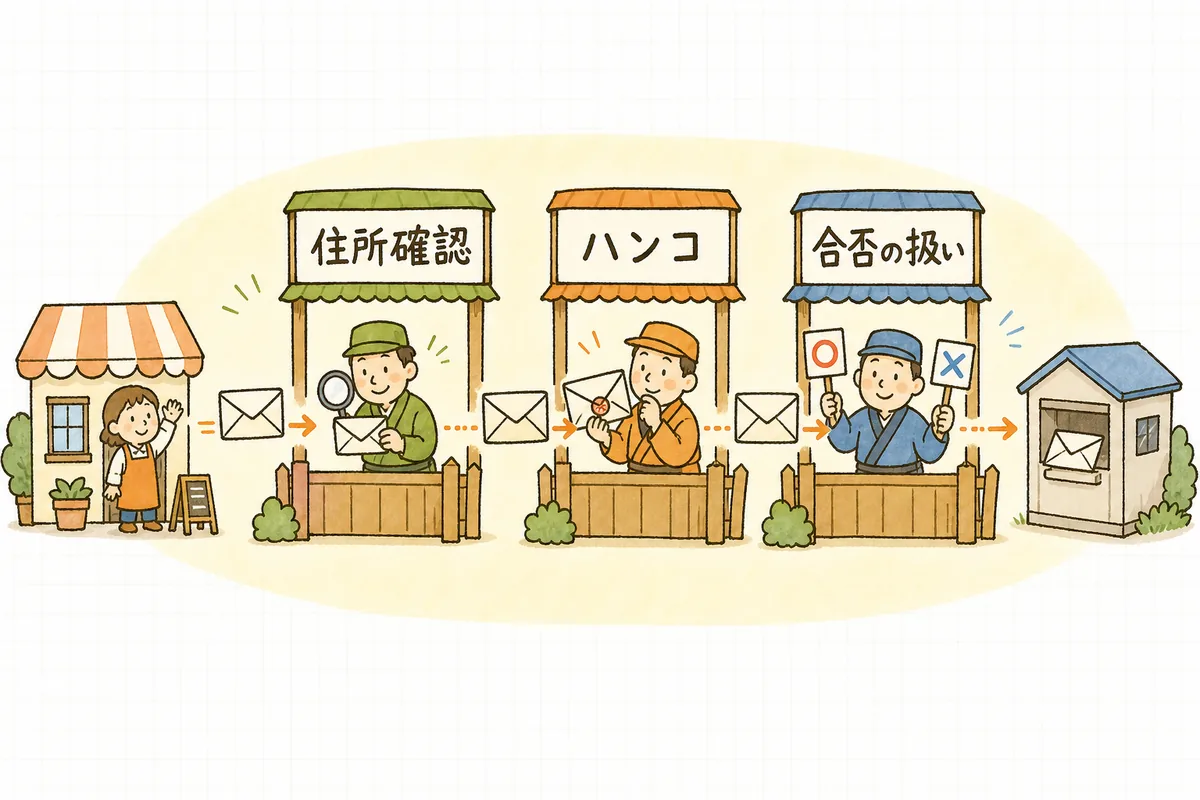 SPF・DKIM・DMARCの3つが、送ったメールの本人確認を段階で行うしくみを表した図