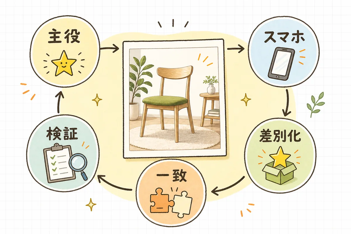 サムネイルのクリック率を上げるための5つの視点（主役・スマホ・差別化・一致・検証）を、一覧の中で選ばれる1枚を組み立てる要素として並べて示した図