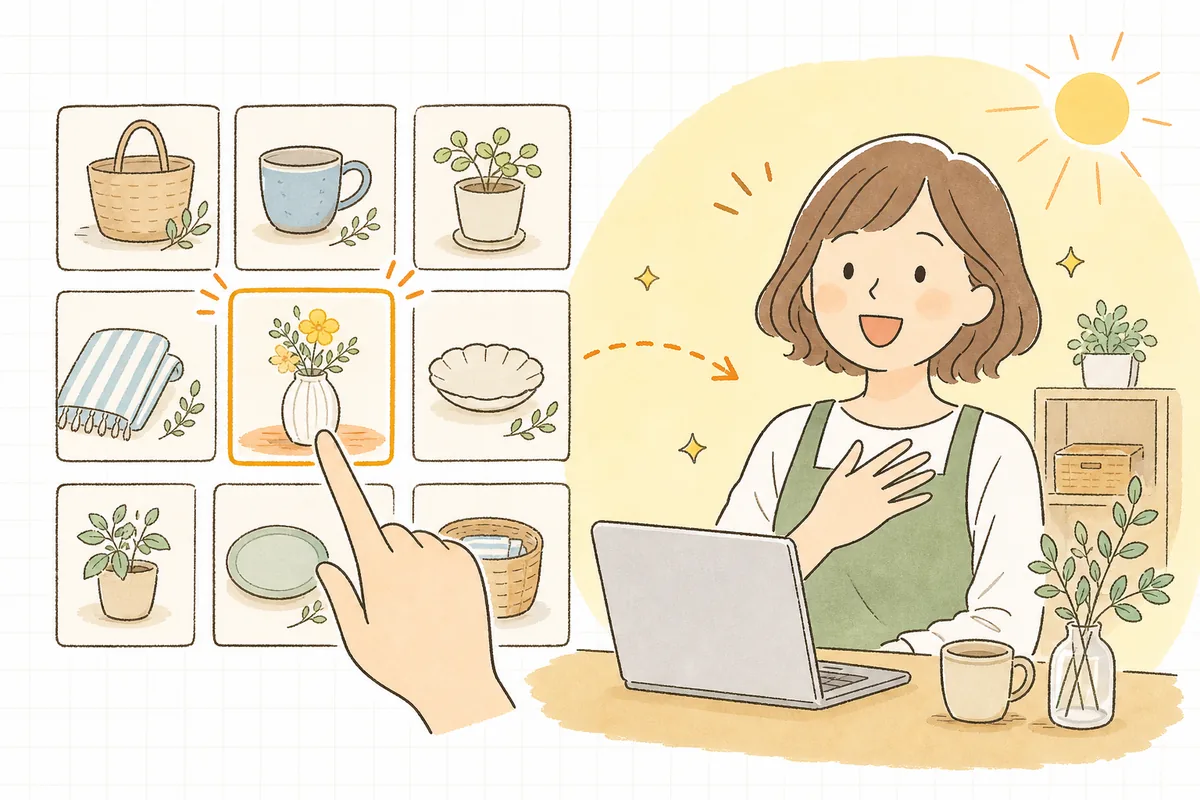 工夫して作り直したサムネイルが一覧の中でお客さんの目に留まり、指が止まってページが開かれ、それを見たEC担当者が嬉しそうに前を向いている明るい情景