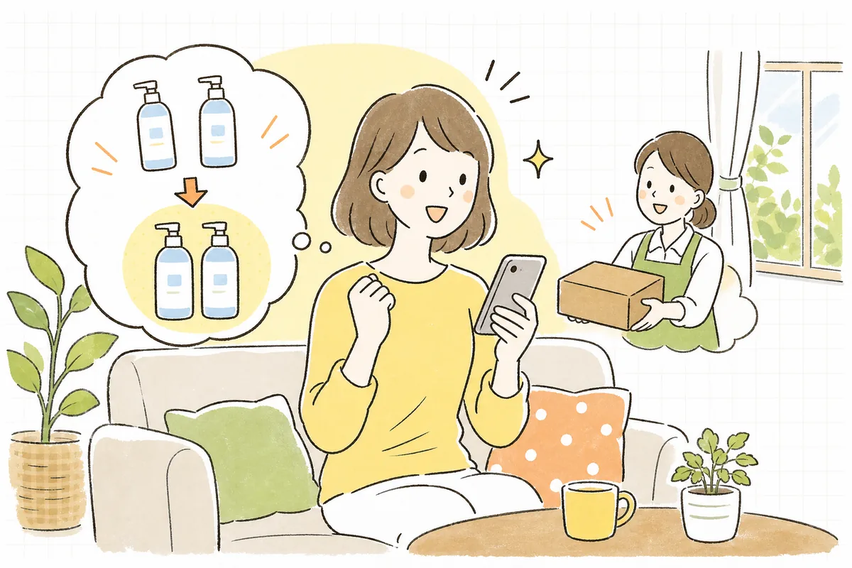 スマホの商品ページを見ながら「2個買ったほうがお得なんだ、じゃあまとめて」と気づいて表情がぱっと明るくなるお客さんの情景