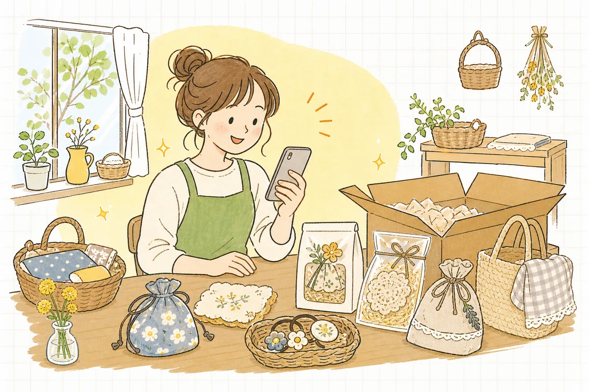 スマホひとつで、自宅の小さな作業机から「自分のお店」を開こうとしているEC担当者の情景