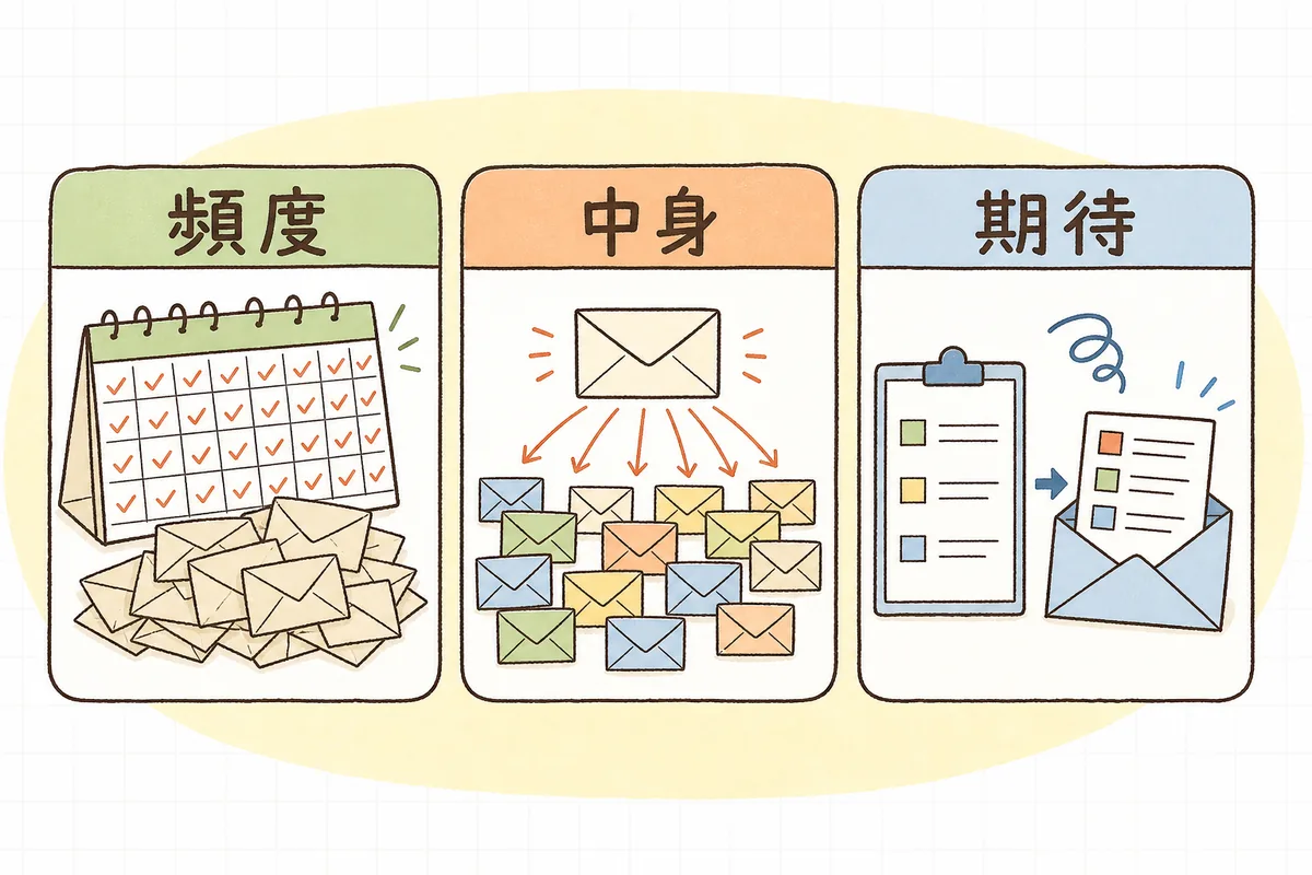 配信解除が増える3つの原因を「頻度」「中身」「期待」として並べた図