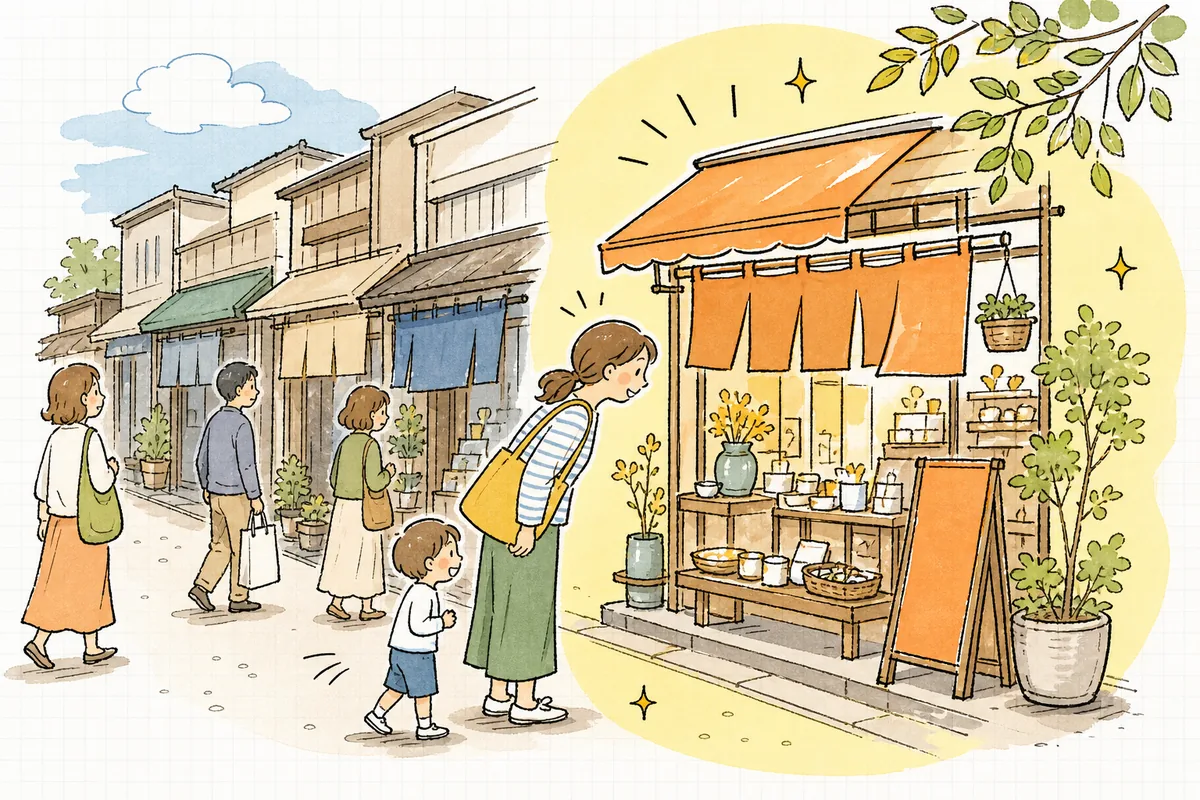 商店街に並ぶいくつもの看板の中から、通りかかった人がひとつの店に自然と引き寄せられていく情景
