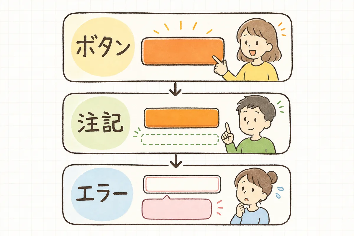 購入ボタンとその周りに置く「小さな言葉」の要点を、ボタン・注記・エラーの3か所で示した図