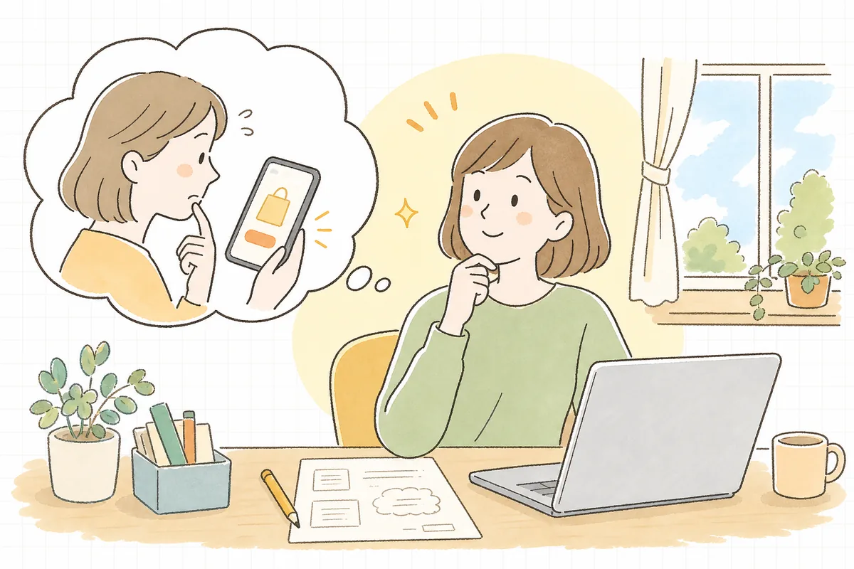 購入ボタンの前で「本当に押して大丈夫かな」と一瞬ためらうお客さんと、その気持ちに寄り添おうとするEC担当者の情景