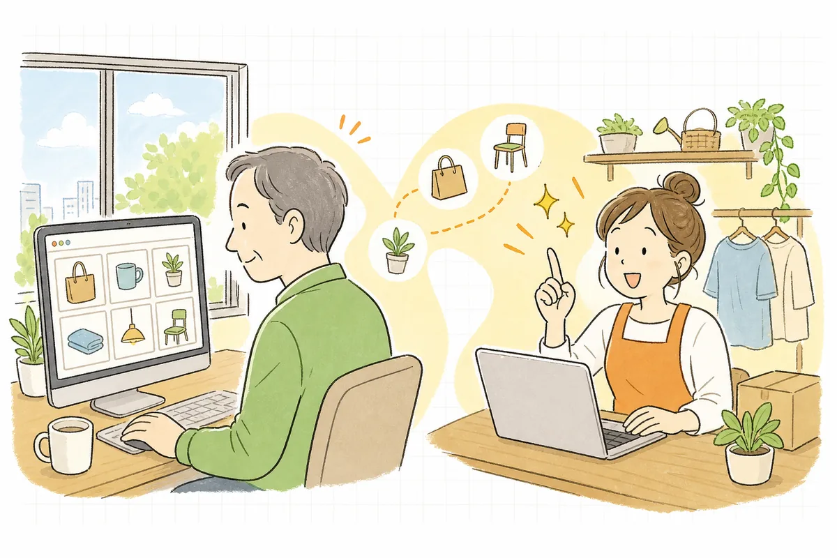 会社のパソコンでBingの検索結果を見ながら買い物をしている落ち着いた年代のユーザーと、それに気づいて新しい集客口を試そうとするショップ担当者の情景