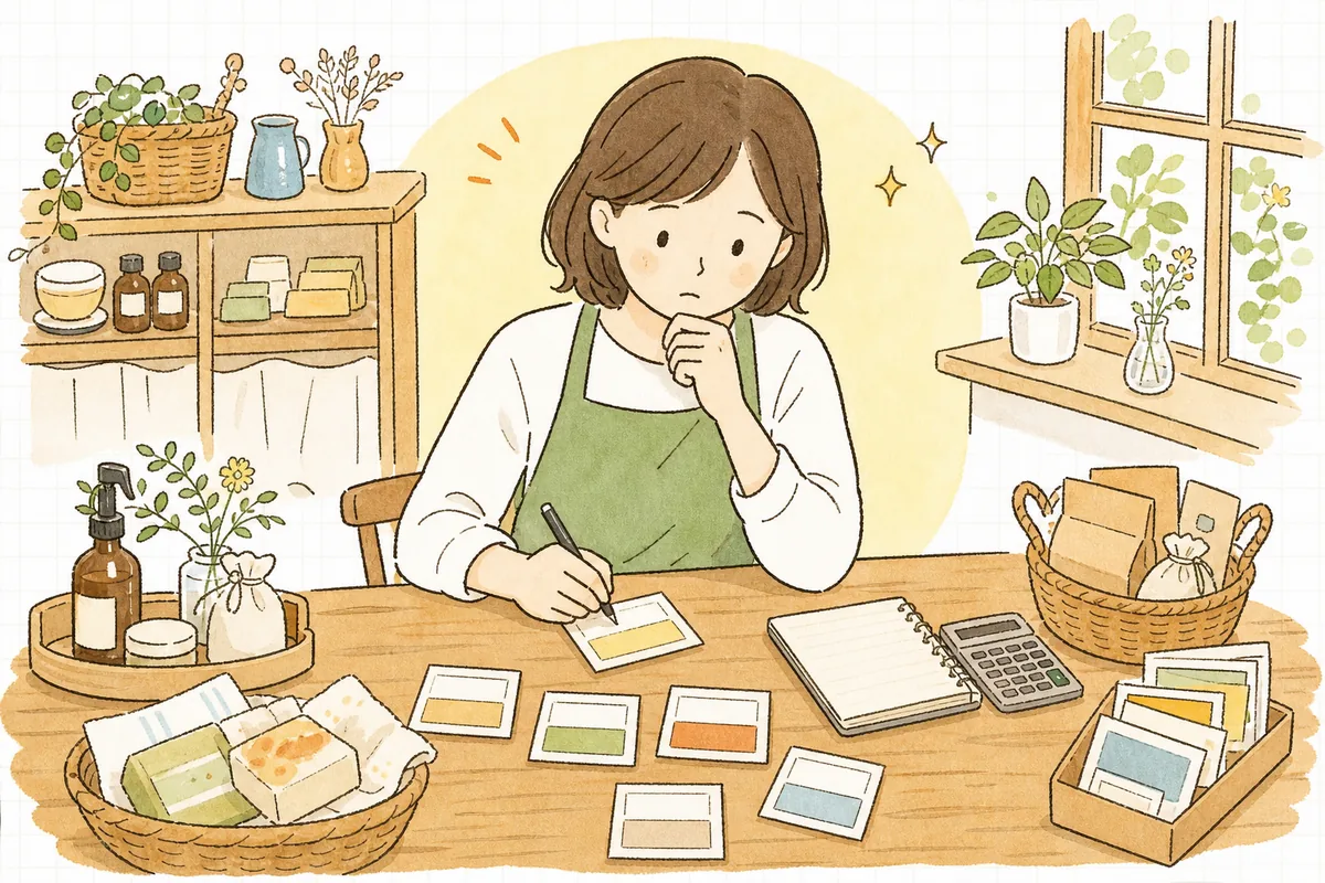 商品の値札に「通常価格」と「セール価格」の二つの数字を書きながら、「この見せ方で大丈夫かな」と少し考えこむショップ担当者