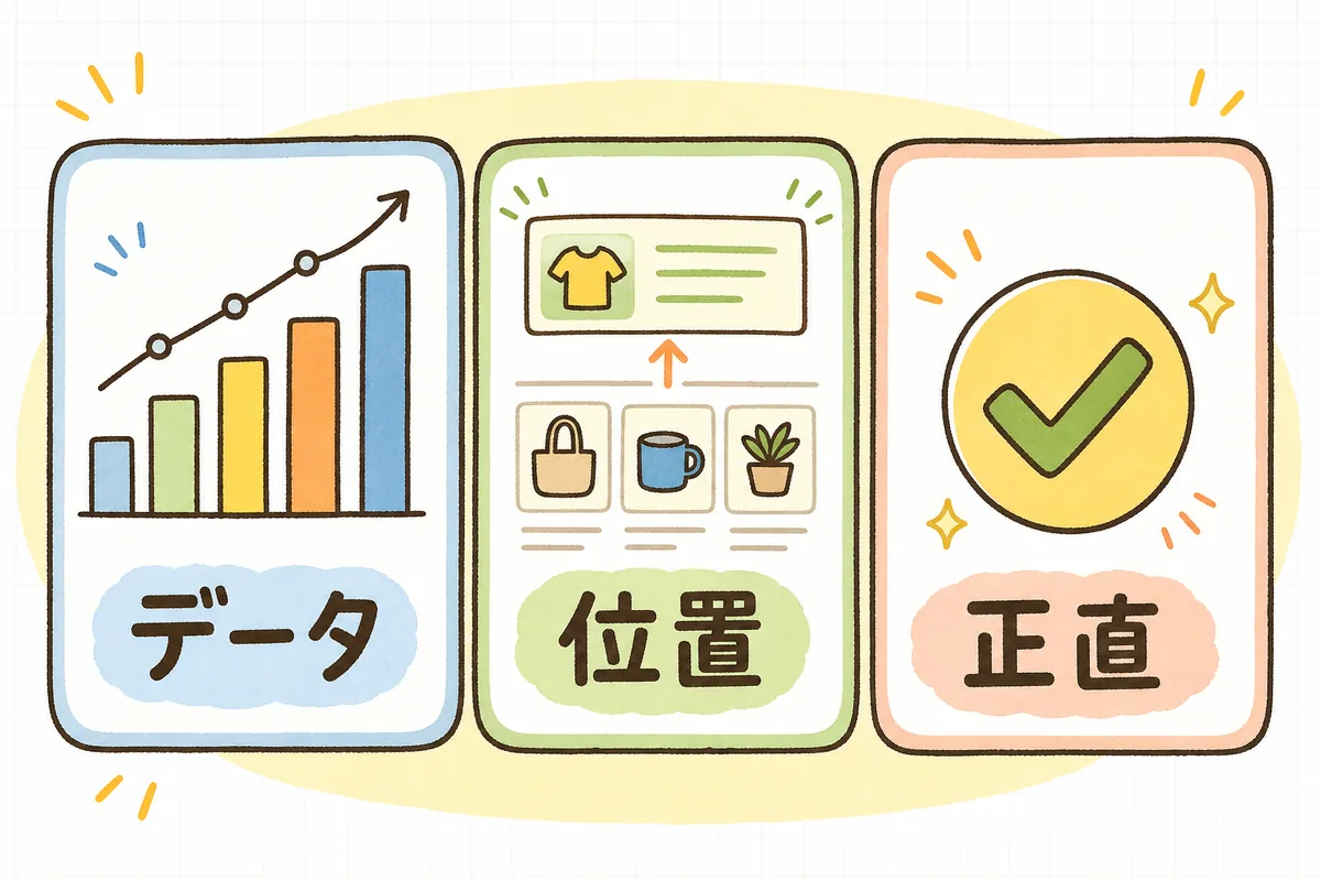 売れ筋を選ぶ手前の位置に、根拠をそえて、嘘なく見せるという3つの条件を並べた図