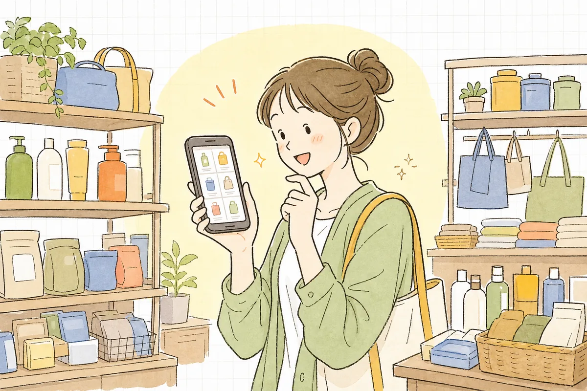 たくさんの商品を前に「どれにしよう」と迷いながらスマホでランキングを見ている人