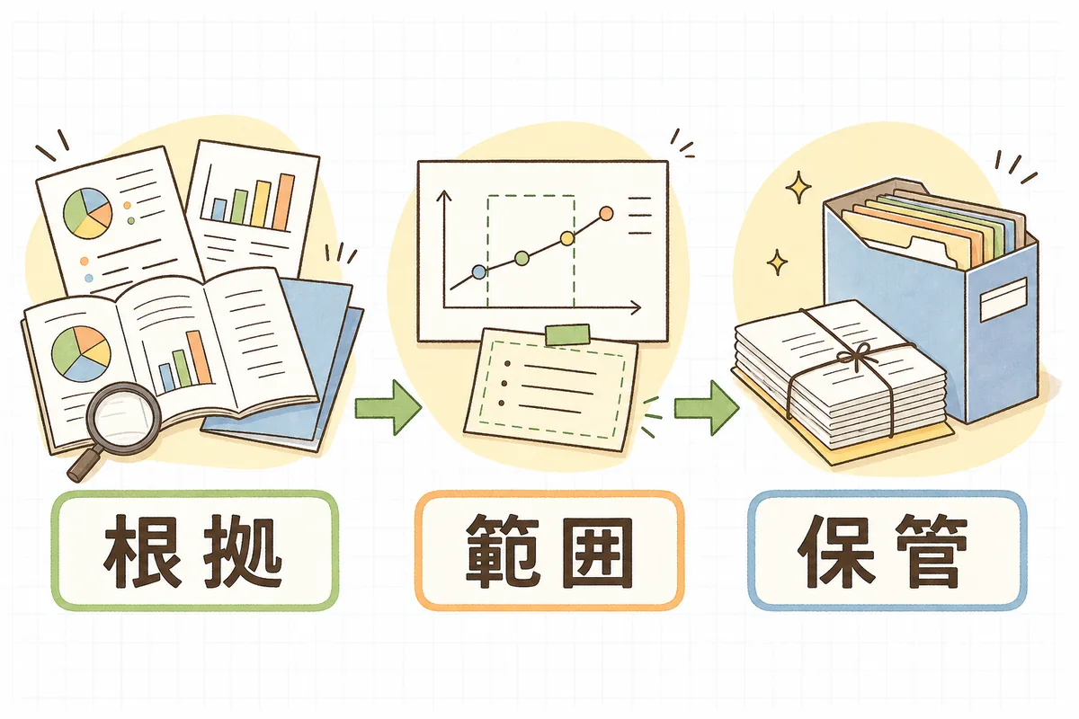 No.1表示を「根拠を持つ」「範囲を明記する」「資料を保管する」の3ステップで整えることを示した図