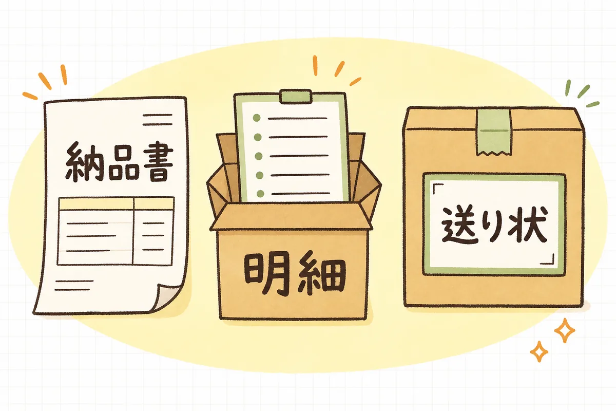 納品書・明細・送り状の3種類の書類を、役割ごとに3つのブロックで並べた図