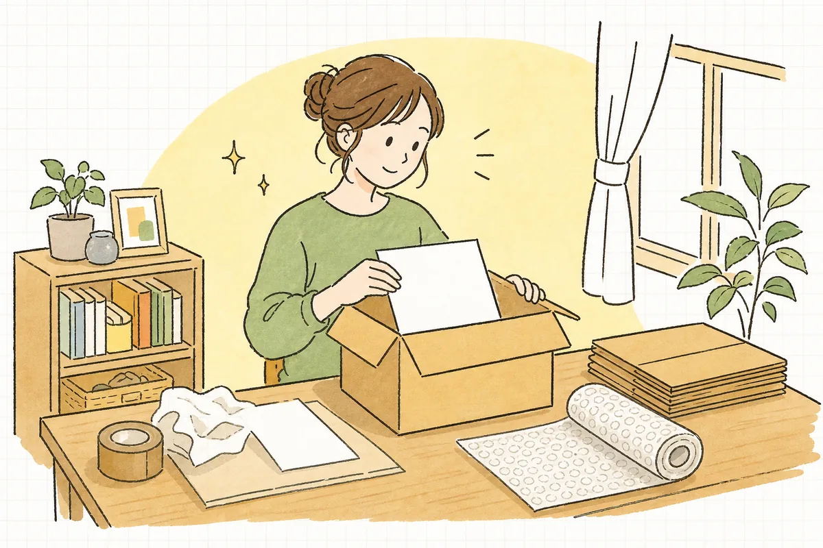 発送用の箱に明細書を入れながら「これで合っているかな」と確かめている小さなお店の担当者