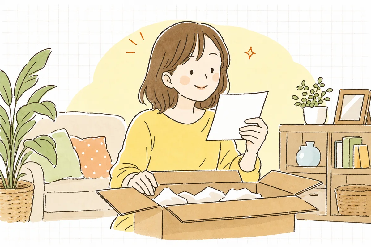 届いた箱を開けて明細のメッセージを見つけ、うれしそうにほほえむお客さん