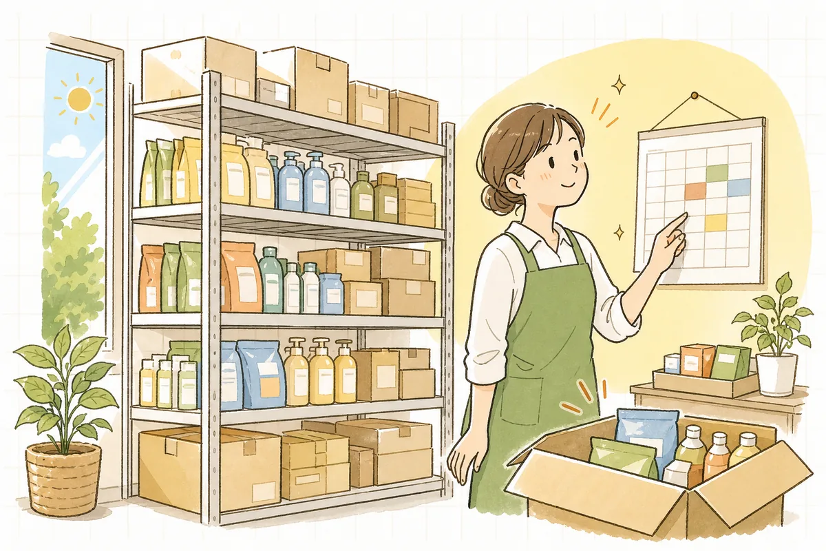 入荷した箱で棚が気持ちよく満たされ、お店の担当者が安心した笑顔で次の発注予定を確認し、前を向いている情景