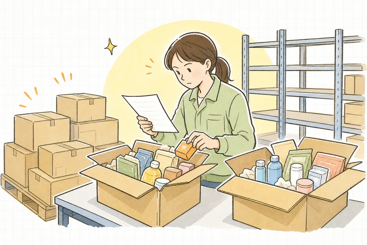 届いた段ボールを開け、納品書と中身の数を真剣に照らし合わせているEC担当者の様子