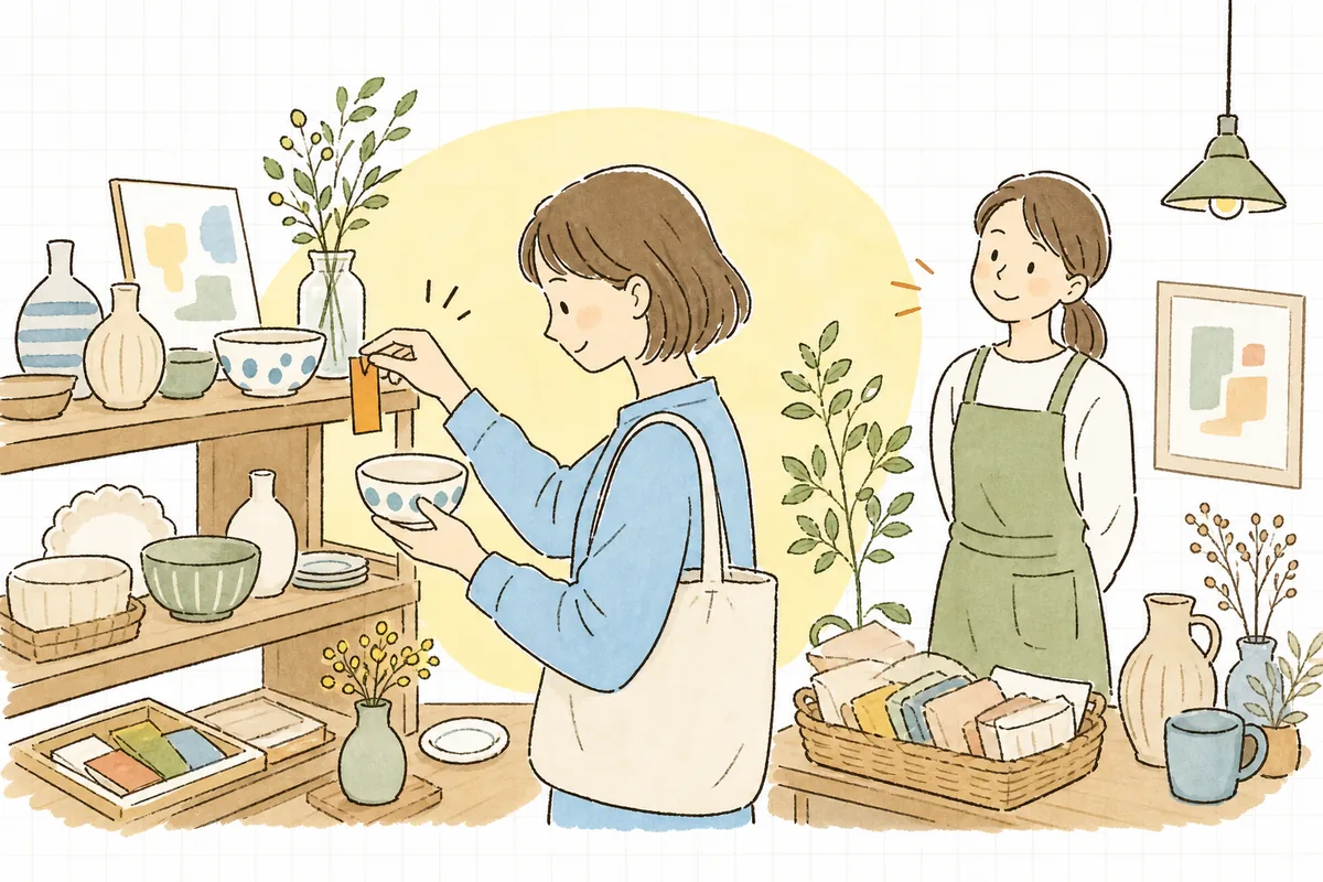 お店の棚の前で、お客さんが気になった商品にそっとしおりを挟むように「お気に入り」に入れている様子を、担当者が温かく見守っている情景