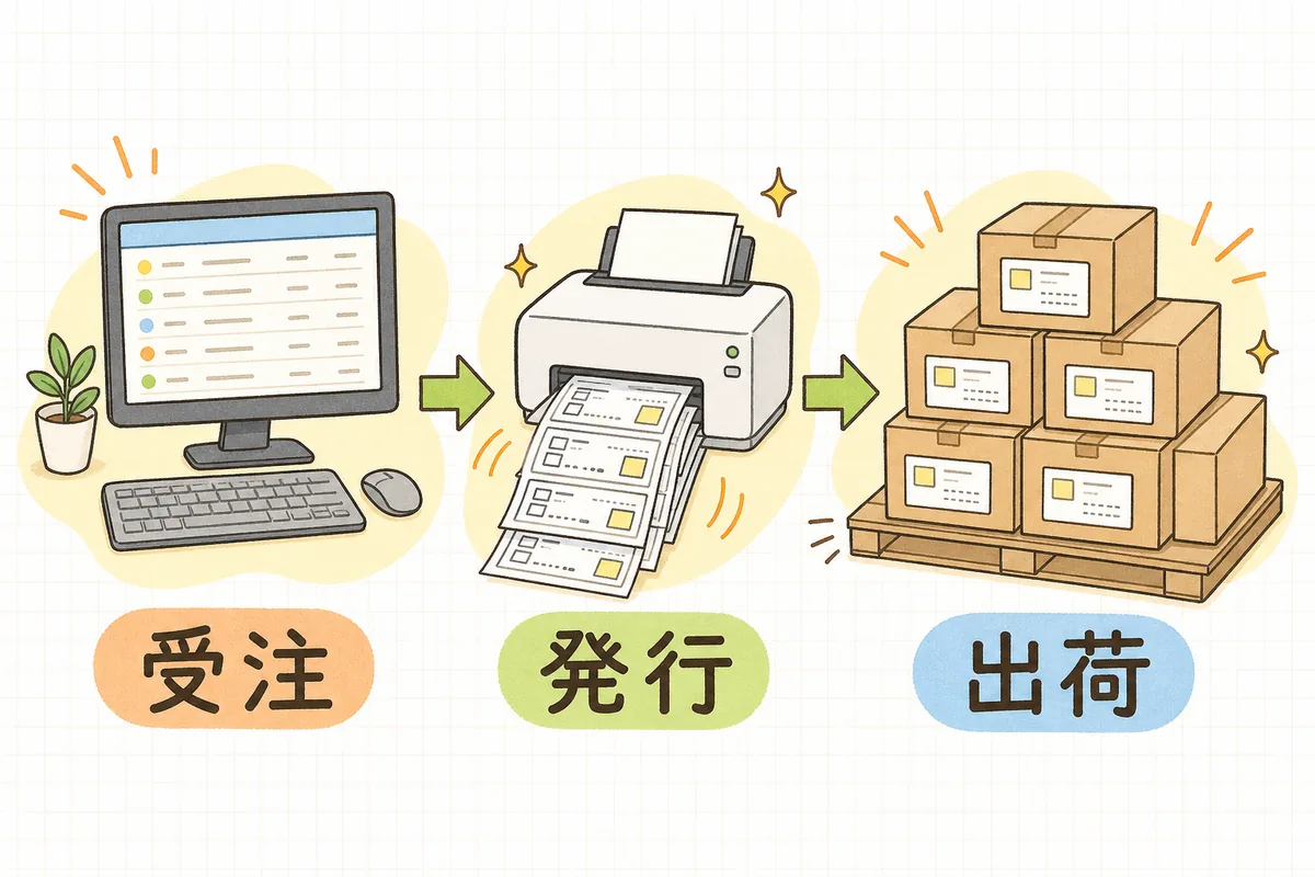 受注データを取り込み、送り状をまとめて発行し、出荷するという流れを左から右へ矢印でつないだ概念図
