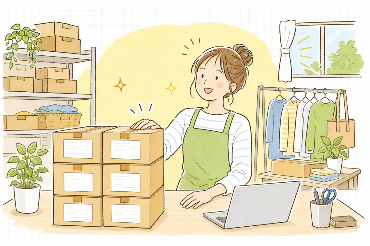 送り状がきれいに印刷された荷物を前に、肩の力が抜けた明るい表情で出荷を終えるネットショップの担当者の情景
