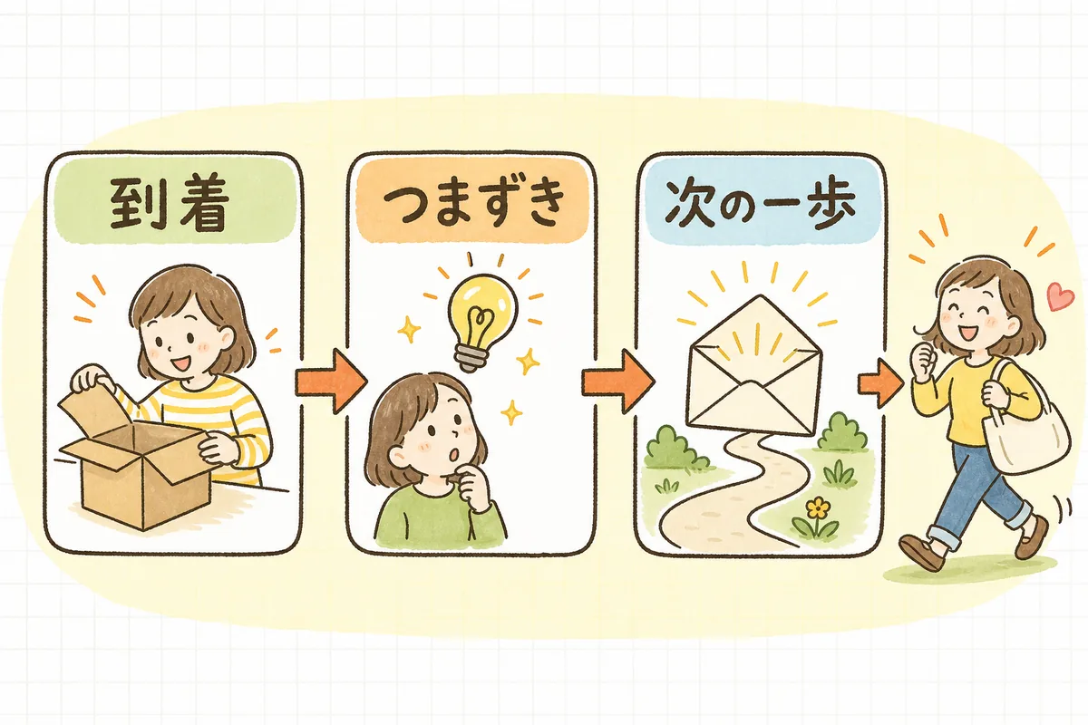 使い方フォローメールの3ステップ(到着直後の案内→つまずきの先回り→次の一歩)が左から右へ流れ、最後に2回目の注文につながることを示した図