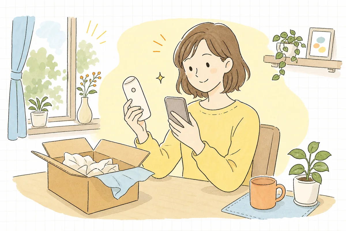 届いた商品を手に取りながら、スマホに届いた「使い方のご案内」メールを見て「なるほど、こう使えばいいのか」とほっとした表情を浮かべるお客さんの情景