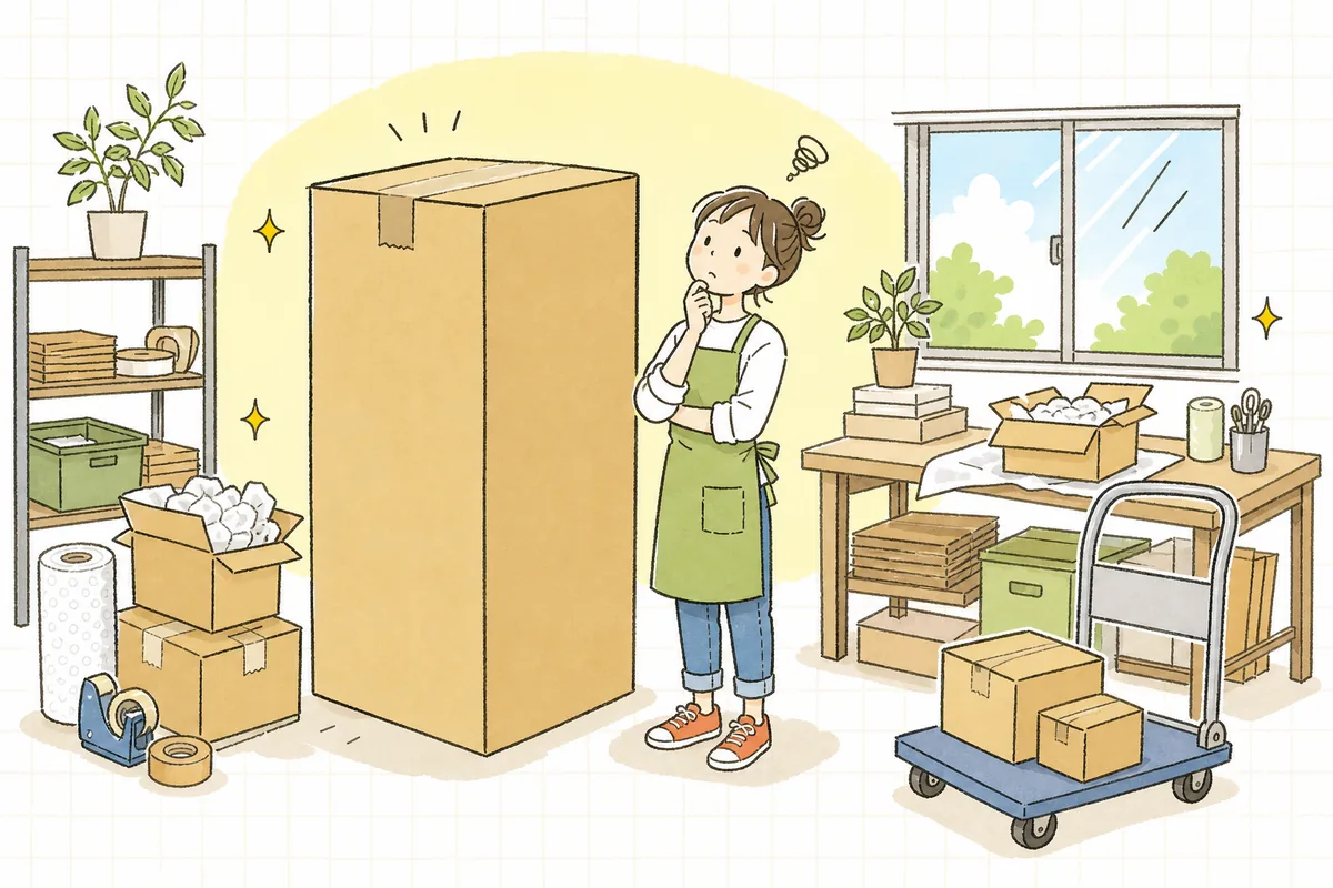 大きなダンボール箱を前に、送料の決め方に頭を悩ませるネットショップ担当者
