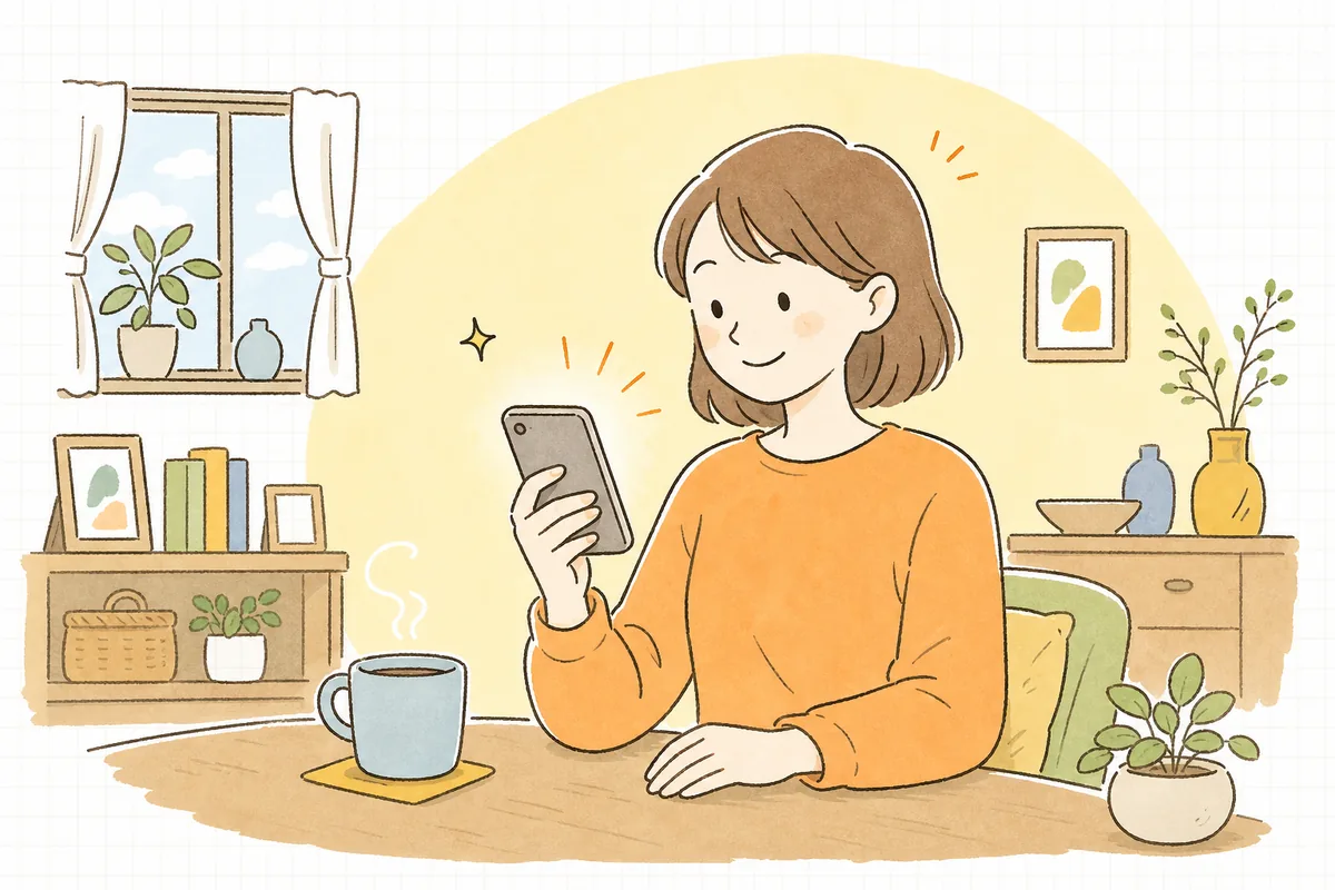 スマホのポイント残高を見て「もうすぐ期限が切れる、そういえばあのお店…」と思い出したお客さんが、やわらかい表情でお店を訪れようとしている情景