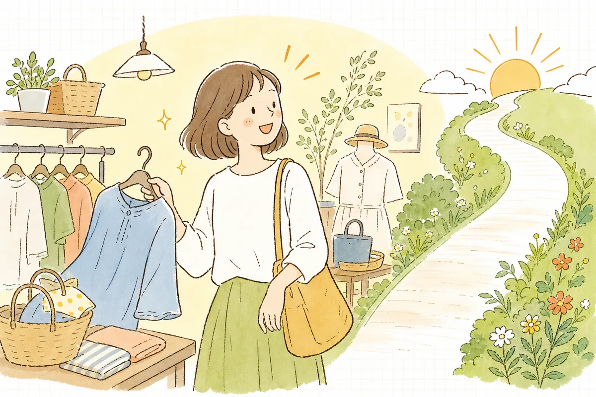失効前のお知らせを受け取ったお客さんが、笑顔でお店に戻ってきて買い物を楽しんでいる明るい情景