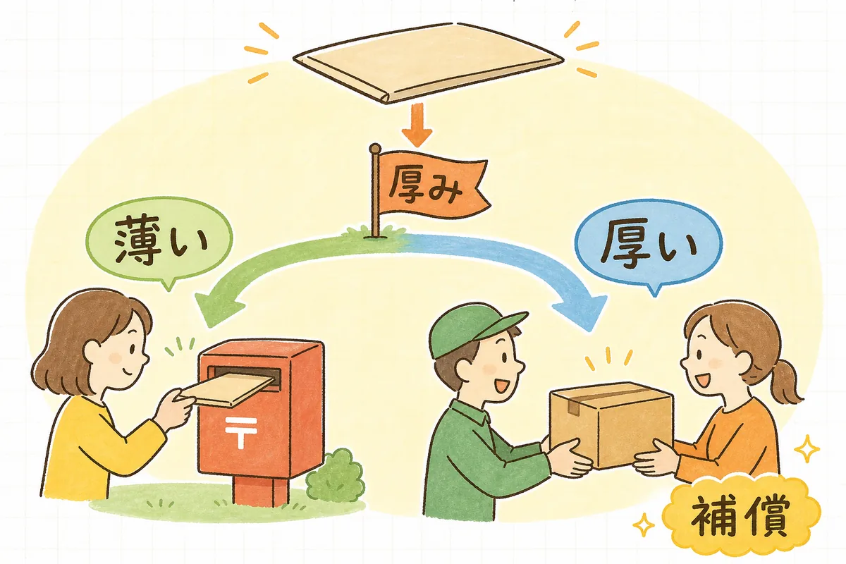 荷物の厚みで「ポスト投函便」か「宅配便」かを振り分ける流れを示した図