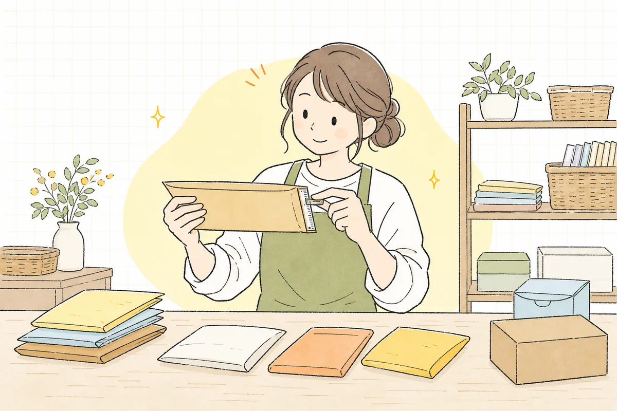 小さな薄い荷物をメジャーで測りながら、どの配送方法で送ろうか考えるネットショップの担当者