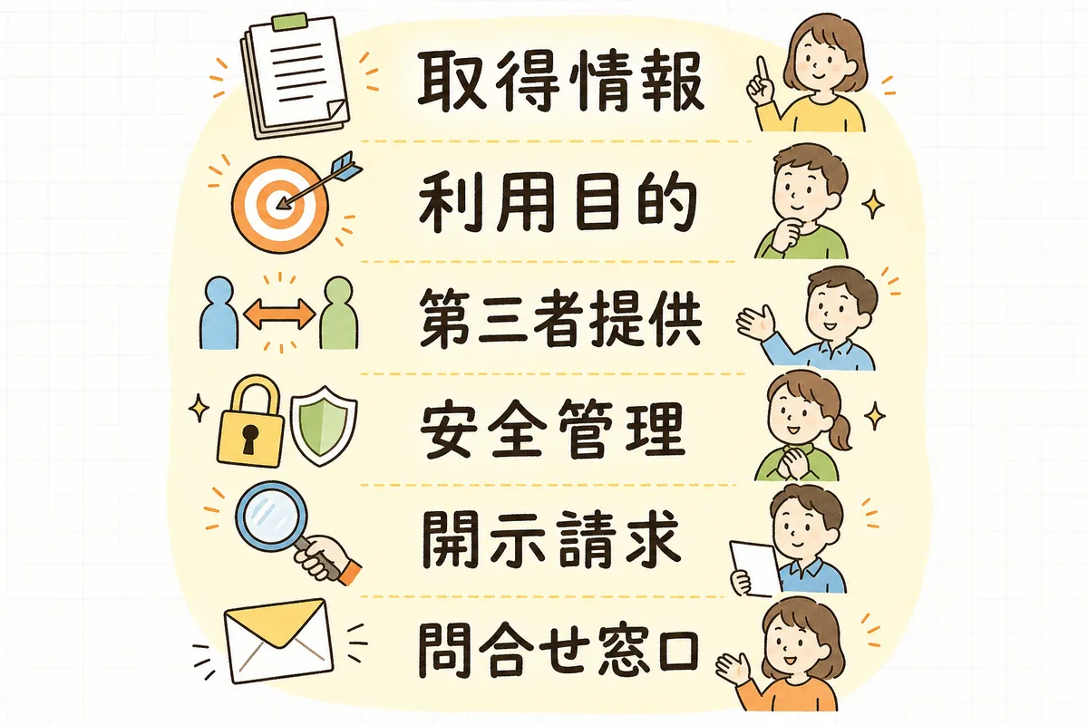 プライバシーポリシーに入れる主な項目（取得する情報・利用目的・第三者提供・安全管理・開示請求・問い合わせ窓口）を順番に並べた構成図