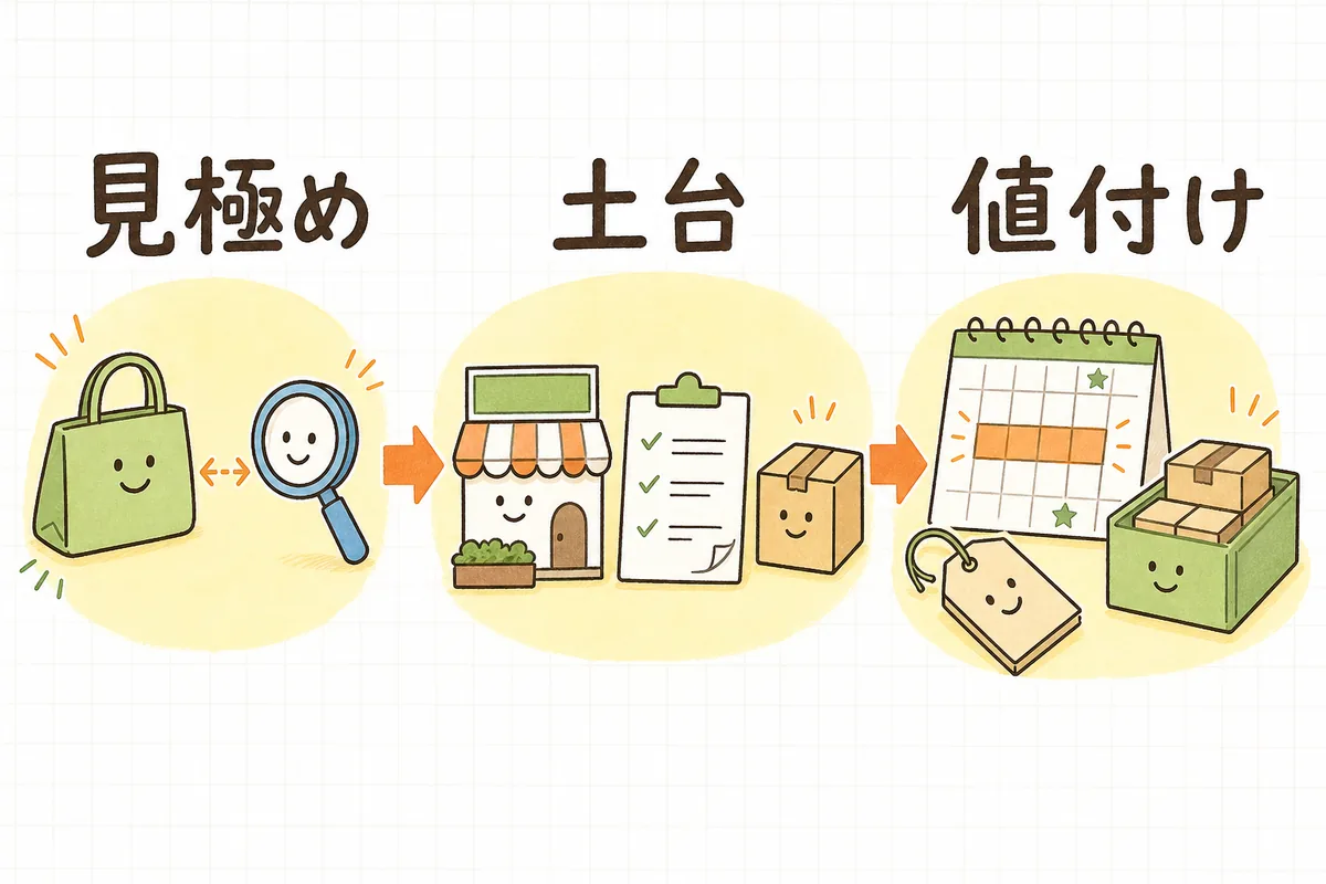 Qoo10出店を「客層と合うか見極める」「アカウントと商品・表記・配送を整える」「メガ割前提で価格と在庫を設計する」の3ステップで準備することを示した図