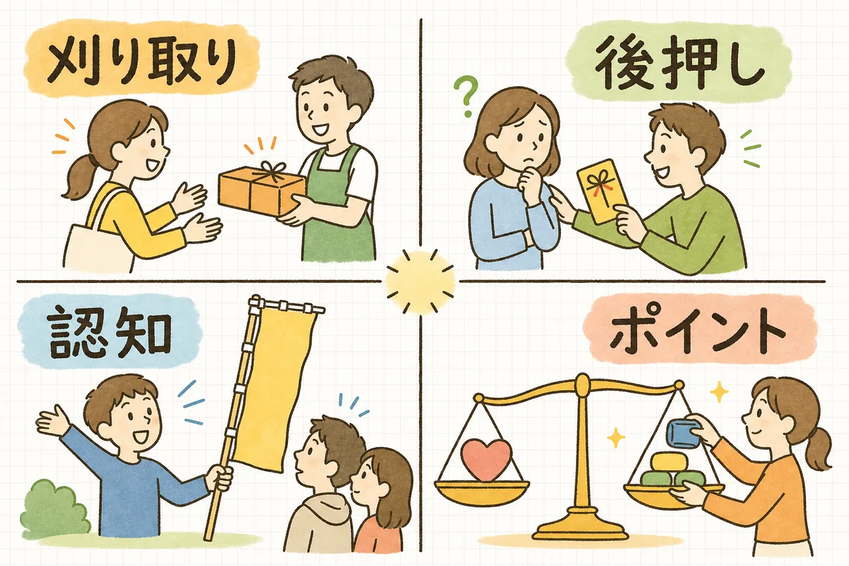 楽天広告を刈り取り・後押し・認知・ポイントの4つの役割に分けて整理した地図の図