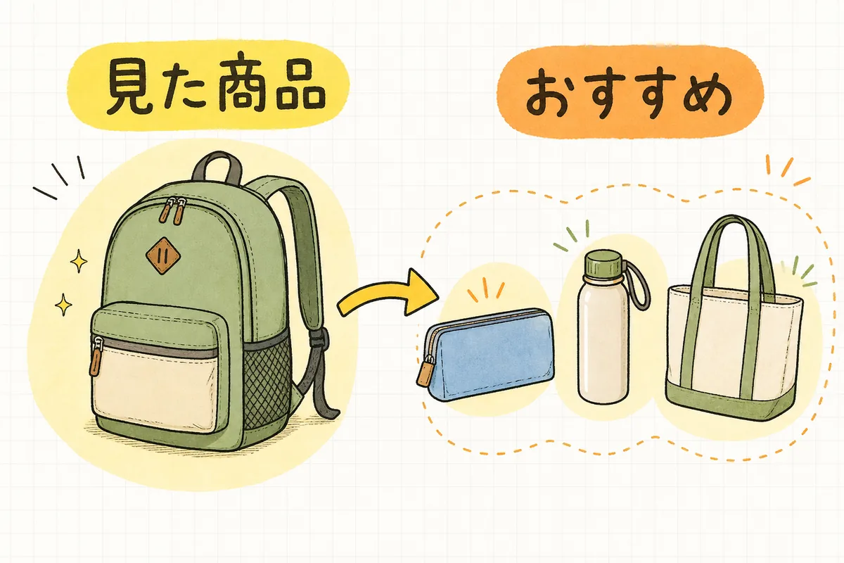 いま見ている商品の横に、関連するおすすめ商品が数点並んで提案されている、商品ページの様子のイラスト