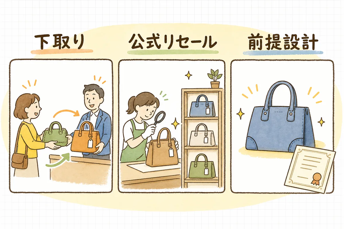 二次流通をブランドに活かす3つの型として、下取り・公式リセール・前提設計を並べて示した図