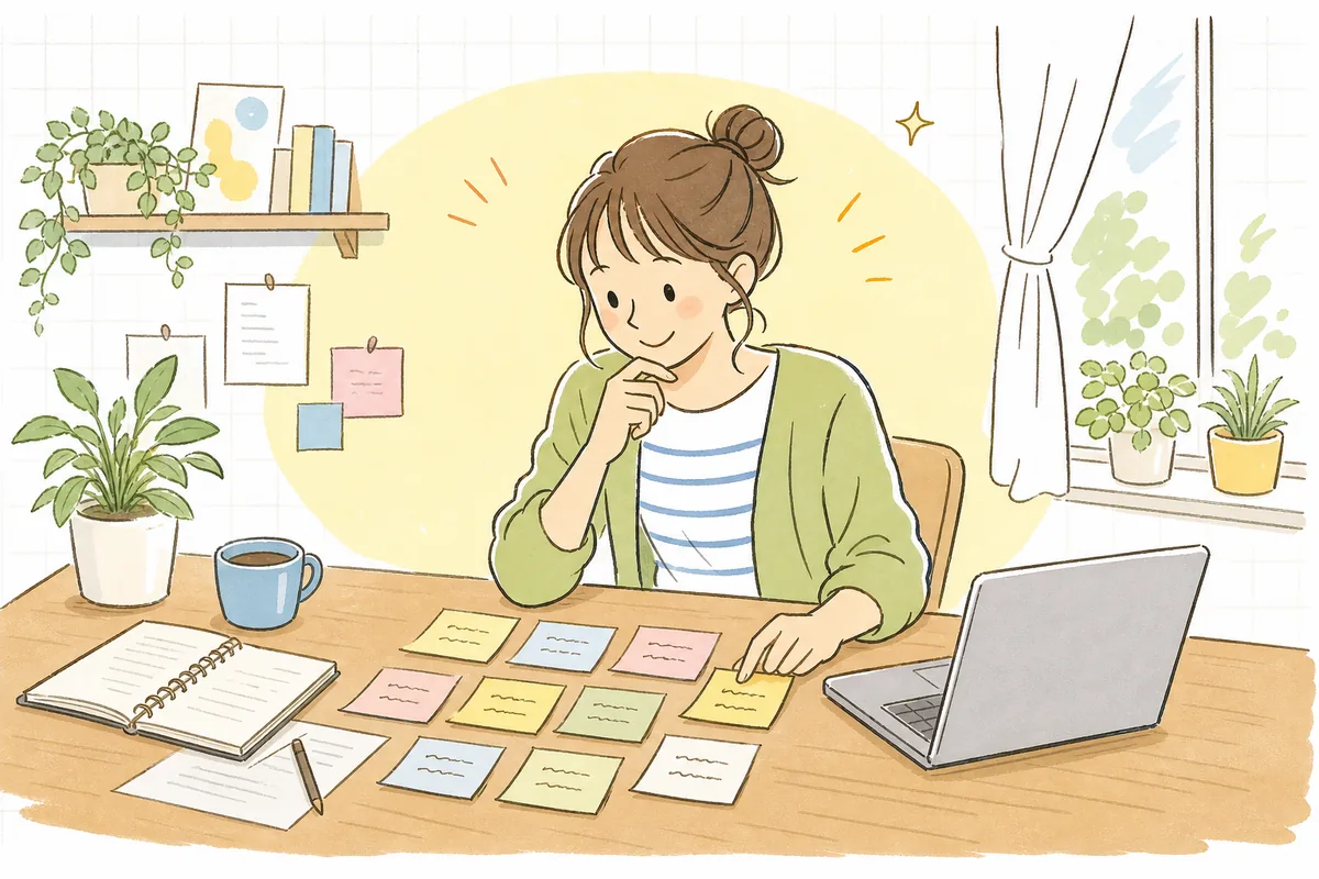 パソコンでGoogle広告の見出しと説明文をいくつも書き出しては並べ替え、どれが響くか考えているEC担当者の情景