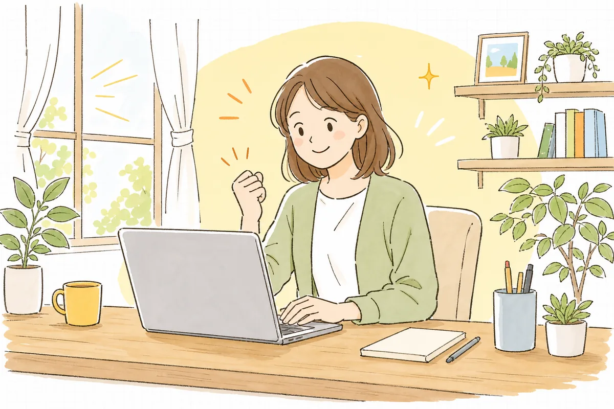 整えた広告からお客さんが自然に集まり、手応えを感じて前向きな表情になったEC担当者の明るい情景