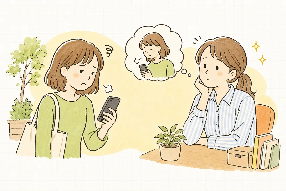 スマホでどこを見ても同じ商品の広告が追いかけてきて、少しうんざりしている買い物客と、それを見て考え込むEC担当者