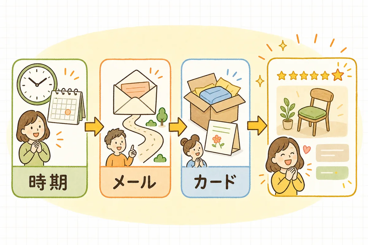 レビューを集める3つの要点(ちょうどよいタイミング→書きやすい依頼メール→手元に残る同梱カード)が並び、最後に商品ページのレビューが増えることを示した図