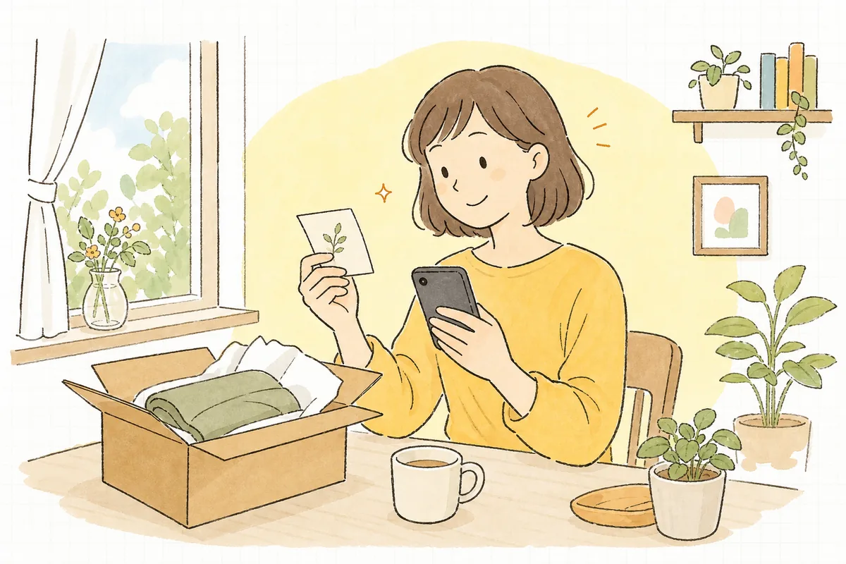 届いた商品と一緒に入っていた小さなカードを片手に、スマホでレビューを書こうとして「そうそう、これ良かったな」とやわらかく微笑むお客さんの情景