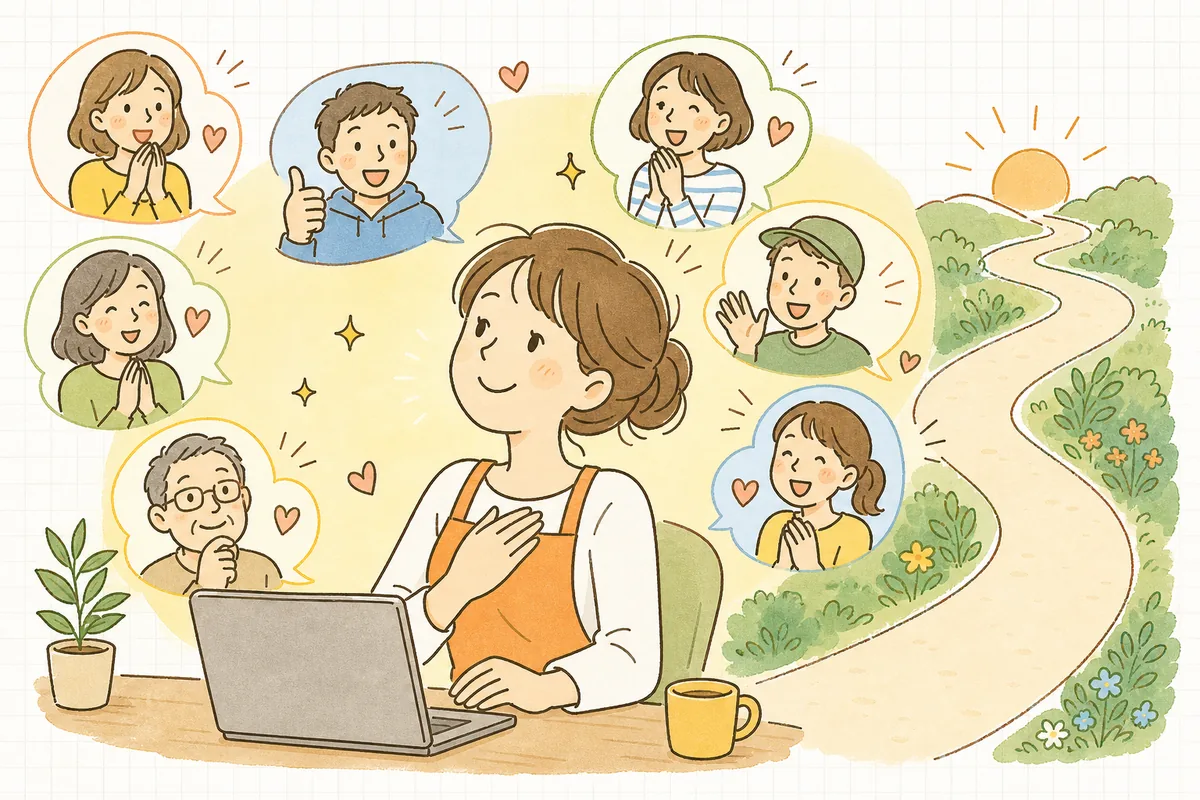 増えていくレビューを見て、お客さんの声に支えられていることを実感し、明るい表情で前を向くお店の担当者の情景