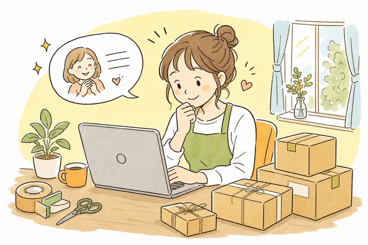 お客さんから届いた感想メールを読み、安心して微笑むショップ担当者