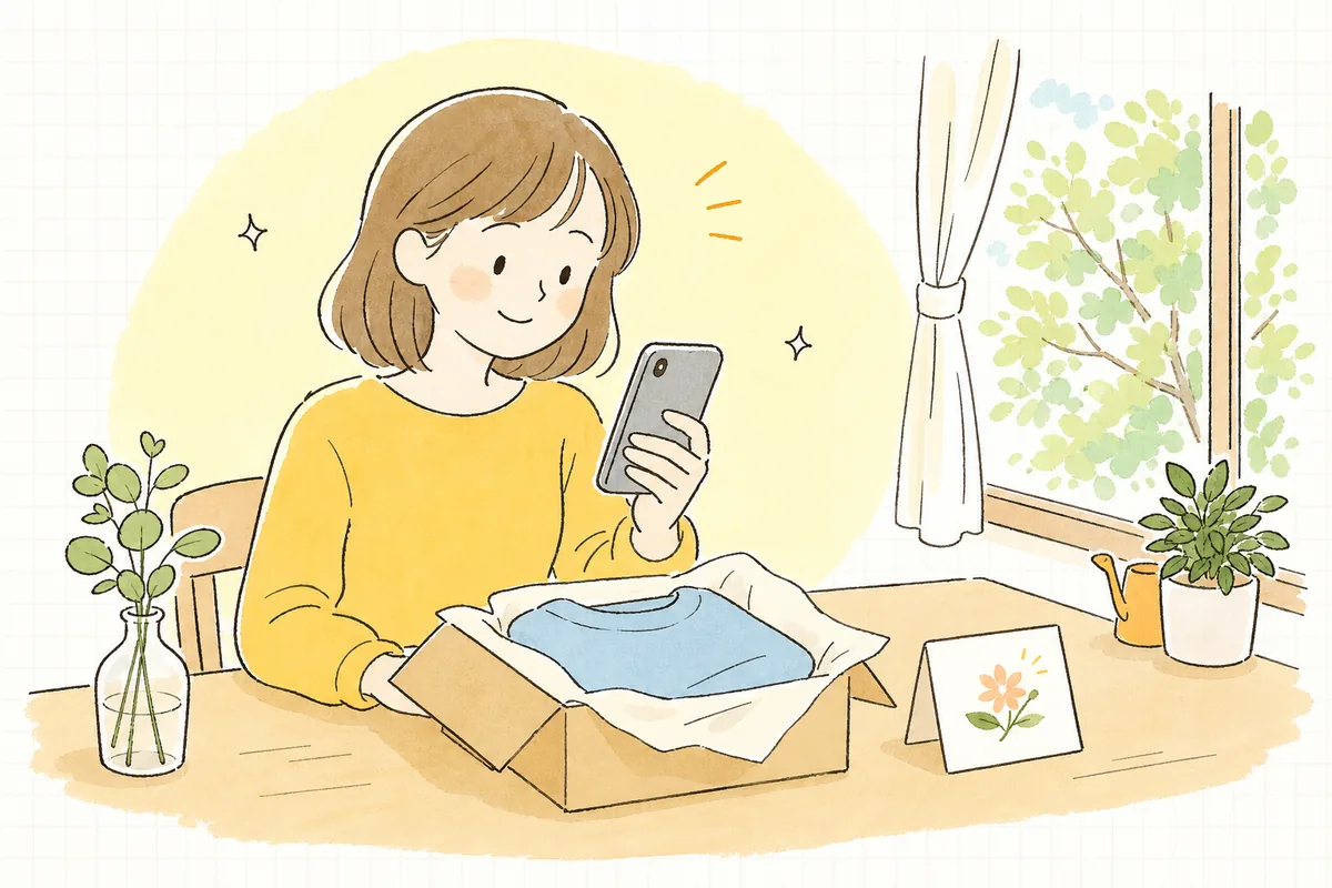 届いた商品と小さなお礼のカードを前に、スマホで正直な感想を書きながら、お店の心づかいにほっと微笑むお客さんの情景