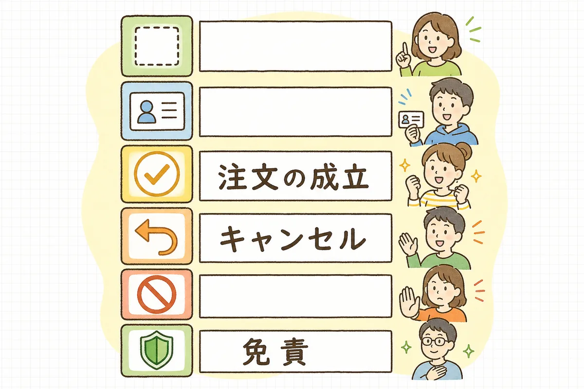 利用規約に入れる主な項目（適用範囲・会員登録・注文の成立・キャンセル・禁止事項・免責）を上から順に並べた構成図