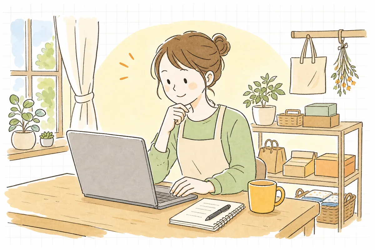 パソコンでネットショップの利用規約ページを一項目ずつ読み返しながら、これで大丈夫かと確かめている店長の情景